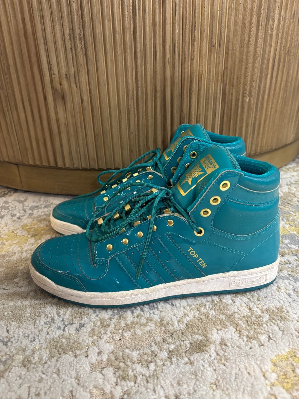 Adidas Top Ten Hi Blast Emerald Men's Size 10 Patent Leather Gold D74361 Rare